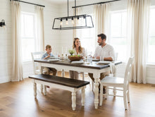 Load image into Gallery viewer, 5-Foot Rustic Farmhouse Table with Turned Legs, Bench and Chair Set Dark Walnut Top and Antique White Base, Wooden Dining Table