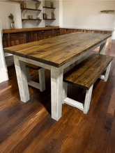 Load image into Gallery viewer, 6-Foot Dining Table Set - With Benches - Rustic Farmhouse Feel - Provincial Brown and Distressed White - Narrow Kitchen or Dining Room Table