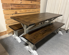 Load image into Gallery viewer, 6-Foot Farmhouse Dining Table Set: Trestle Base, Distressed White & Dark Walnut