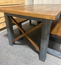 Load image into Gallery viewer, Modern Farmhouse Dining Set - With Bench and Stool Seating - Charcoal Gray and Provincial Brown - X Accents and Breadboard Ends