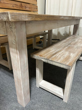 Load image into Gallery viewer, Farmhouse Table with Benches, Whitewash, Special Walnut, Distressed White, 6ft Dining Set, Wooden Kitchen Table