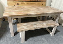 Load image into Gallery viewer, Farmhouse Table with Benches, Whitewash, Special Walnut, Distressed White, 6ft Dining Set, Wooden Kitchen Table