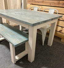 Load image into Gallery viewer, Vintage Aqua Farmhouse Table Set - Great for Small Dining Area 5ft - White with a White washed Aqua Top - Seating: Chairs and Bench