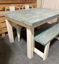 Load image into Gallery viewer, Vintage Aqua Farmhouse Table Set - Great for Small Dining Area 5ft - White with a White washed Aqua Top - Seating: Chairs and Bench