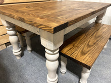 Load image into Gallery viewer, Turned Leg Farmhouse Dining Table - With Benches - Provincial Brown and Sun Bleached Base - Breadboard Ends - Kitchen Table Set