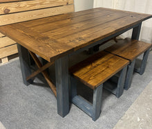 Load image into Gallery viewer, Modern Farmhouse Dining Set - With Bench and Stool Seating - Charcoal Gray and Provincial Brown - X Accents and Breadboard Ends