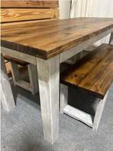 Load image into Gallery viewer, 6-Foot Dining Table Set - With Benches - Rustic Farmhouse Feel - Provincial Brown and Distressed White - Narrow Kitchen or Dining Room Table
