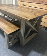 Load image into Gallery viewer, 6-Foot Dining Table Set, with Benches - Provincial Brown and Classic Gray - Wooden Farmhouse Kitchen Table with X Design