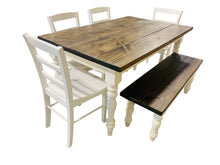 Load image into Gallery viewer, 5-Foot Rustic Farmhouse Table with Turned Legs, Bench and Chair Set Dark Walnut Top and Antique White Base, Wooden Dining Table