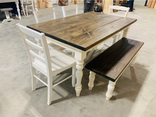 Load image into Gallery viewer, 5-Foot Rustic Farmhouse Table with Turned Legs, Bench and Chair Set Dark Walnut Top and Antique White Base, Wooden Dining Table