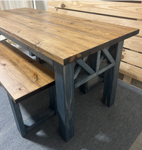 Load image into Gallery viewer, Wooden Farmhouse Style Table - With Benches - Gray and Provincial Brown - Wood Dining Set - X Accents - Narrow Kitchen Table
