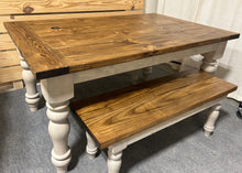 Load image into Gallery viewer, Turned Leg Farmhouse Dining Table - With Benches - Provincial Brown and Sun Bleached Base - Breadboard Ends - Kitchen Table Set