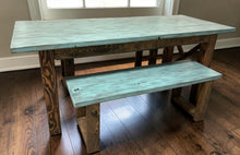 Load image into Gallery viewer, Narrow Farmhouse Dining Table - With Benches - Teal, Dark Walnut - Beach Décor Feel - Small Wooden Kitchen Table - X Design