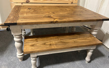 Load image into Gallery viewer, Turned Leg Farmhouse Dining Table - With Benches - Provincial Brown and Sun Bleached Base - Breadboard Ends - Kitchen Table Set