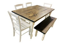 Load image into Gallery viewer, 5-Foot Rustic Farmhouse Table with Turned Legs, Bench and Chair Set Dark Walnut Top and Antique White Base, Wooden Dining Table