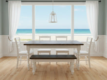 Load image into Gallery viewer, 5-Foot Rustic Farmhouse Table with Turned Legs, Bench and Chair Set Dark Walnut Top and Antique White Base, Wooden Dining Table