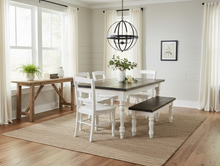 Load image into Gallery viewer, 5-Foot Rustic Farmhouse Table with Turned Legs, Bench and Chair Set Dark Walnut Top and Antique White Base, Wooden Dining Table