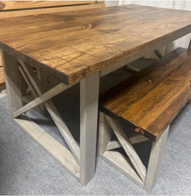 Load image into Gallery viewer, 6-Foot Dining Table Set, with Benches - Provincial Brown and Classic Gray - Wooden Farmhouse Kitchen Table with X Design
