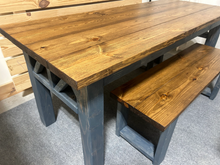 Load image into Gallery viewer, Wooden Farmhouse Style Table - With Benches - Gray and Provincial Brown - Wood Dining Set - X Accents - Narrow Kitchen Table