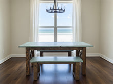 Load image into Gallery viewer, Narrow Farmhouse Dining Table - With Benches - Teal, Dark Walnut - Beach Décor Feel - Small Wooden Kitchen Table - X Design