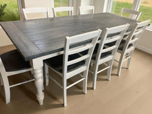 Load image into Gallery viewer, Farmhouse Table with Turned Legs, Chair Set Carbon Gray Whitewash Top and Antique White Base, Wooden Dining Table