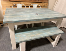 Load image into Gallery viewer, Vintage Aqua Farmhouse Table Set - Great for Small Dining Area 5ft - White with a White washed Aqua Top - Seating: Chairs and Bench
