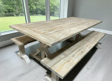 Load image into Gallery viewer, Farmhouse Trestle Table Set: Gray White Wash, Distressed White, Long Benches