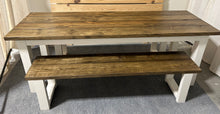 Load image into Gallery viewer, Narrow Farmhouse Table, Rustic Farmhouse Table with Benches, Espresso Dining Set with White Base