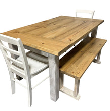 Load image into Gallery viewer, Farmhouse Dining Table with Benches and Chairs, Special Walnut, Dark Distressed Antique White, 5ft Kitchen Table Set