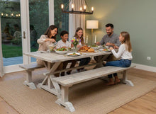 Load image into Gallery viewer, Farmhouse Trestle Table Set: Gray White Wash, Distressed White, Long Benches