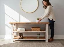 Load image into Gallery viewer, Rustic Farmhouse Buffet Table: Distressed White & Gunstock Shelving