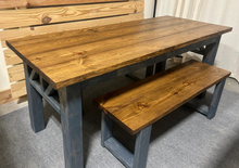 Load image into Gallery viewer, Wooden Farmhouse Style Table - With Benches - Gray and Provincial Brown - Wood Dining Set - X Accents - Narrow Kitchen Table