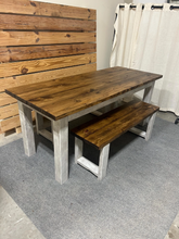 Load image into Gallery viewer, 6-Foot Dining Table Set - With Benches - Rustic Farmhouse Feel - Provincial Brown and Distressed White - Narrow Kitchen or Dining Room Table