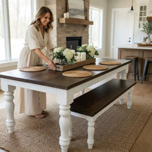 Load image into Gallery viewer, Handmade Chunky Leg Farmhouse Table with Benches: Dark Walnut & Antique White Dining Set