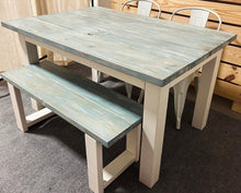 Load image into Gallery viewer, Vintage Aqua Farmhouse Table Set - Great for Small Dining Area 5ft - White with a White washed Aqua Top - Seating: Chairs and Bench