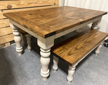 Load image into Gallery viewer, Turned Leg Farmhouse Dining Table - With Benches - Provincial Brown and Sun Bleached Base - Breadboard Ends - Kitchen Table Set