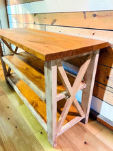 Load image into Gallery viewer, Rustic Farmhouse Buffet Table: Distressed White & Gunstock Shelving