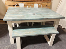 Load image into Gallery viewer, Vintage Aqua Farmhouse Table Set - Great for Small Dining Area 5ft - White with a White washed Aqua Top - Seating: Chairs and Bench