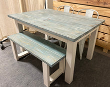 Load image into Gallery viewer, Vintage Aqua Farmhouse Table Set - Great for Small Dining Area 5ft - White with a White washed Aqua Top - Seating: Chairs and Bench