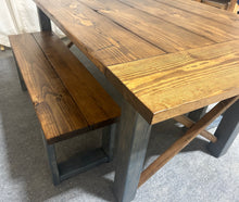 Load image into Gallery viewer, Modern Farmhouse Dining Set - With Bench and Stool Seating - Charcoal Gray and Provincial Brown - X Accents and Breadboard Ends