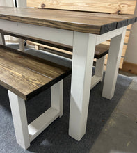 Load image into Gallery viewer, Narrow Farmhouse Table, Rustic Farmhouse Table with Benches, Espresso Dining Set with White Base
