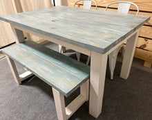 Load image into Gallery viewer, Vintage Aqua Farmhouse Table Set - Great for Small Dining Area 5ft - White with a White washed Aqua Top - Seating: Chairs and Bench