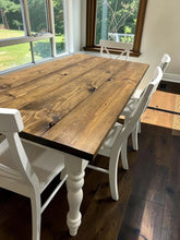 Load image into Gallery viewer, 6-Foot Table Set - Farmhouse Style with Turned Table Legs - Chairs and Bench Seating - White and Provincial Brown - Wooden Kitchen Table Set
