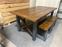 Load image into Gallery viewer, Modern Farmhouse Dining Set - With Bench and Stool Seating - Charcoal Gray and Provincial Brown - X Accents and Breadboard Ends