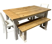 Load image into Gallery viewer, Farmhouse Dining Table with Benches and Chairs, Special Walnut, Dark Distressed Antique White, 5ft Kitchen Table Set