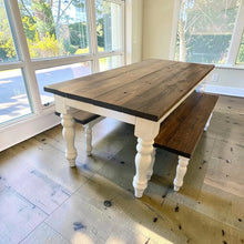 Load image into Gallery viewer, Handmade Chunky Leg Farmhouse Table with Benches: Dark Walnut & Antique White Dining Set