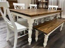 Load image into Gallery viewer, 6-Foot Table Set - Farmhouse Style with Turned Table Legs - Chairs and Bench Seating - White and Provincial Brown - Wooden Kitchen Table Set