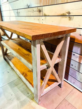 Load image into Gallery viewer, Rustic Farmhouse Buffet Table: Distressed White & Gunstock Shelving