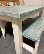Load image into Gallery viewer, Vintage Aqua Farmhouse Table Set - Great for Small Dining Area 5ft - White with a White washed Aqua Top - Seating: Chairs and Bench