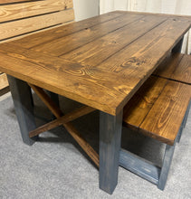 Load image into Gallery viewer, Modern Farmhouse Dining Set - With Bench and Stool Seating - Charcoal Gray and Provincial Brown - X Accents and Breadboard Ends